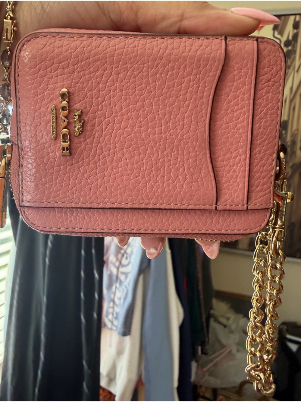 Coach Pink Pebbled Leather Card Holder Wallet Wristlet gold Chain Id 🪪 holder - Picture 11 of 17
